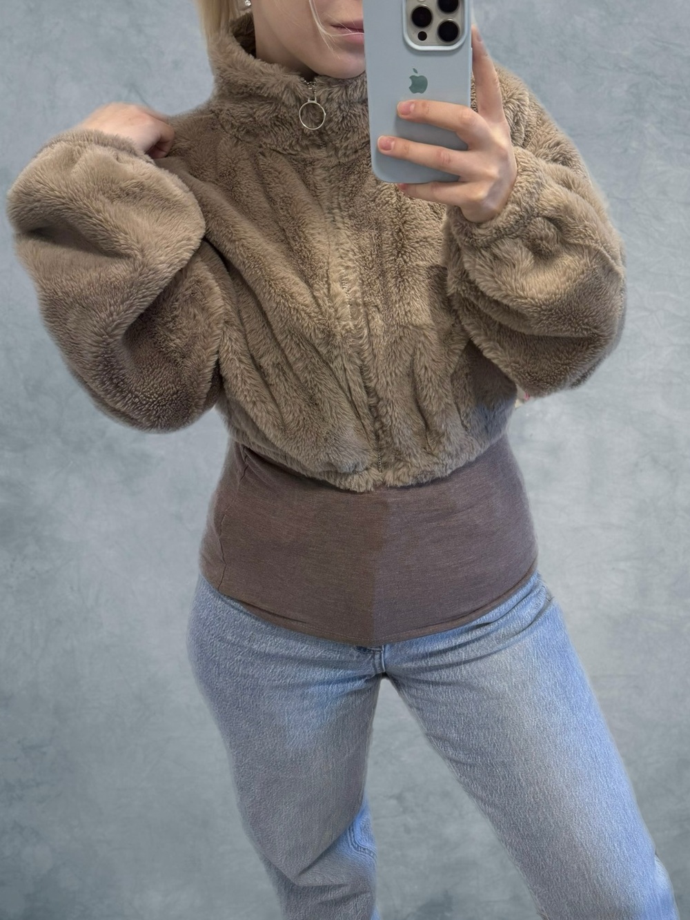 Streetwear Society Faux Fur Cropped Jacket in Taupe